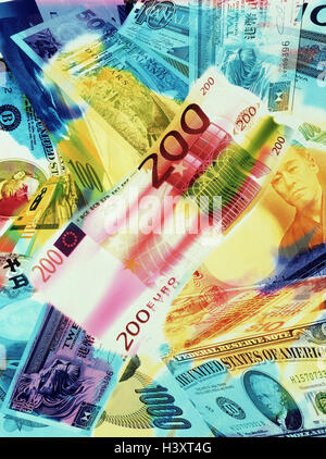 Komponieren, Hintergrund Banknoten, International, manipuliert, hell, machte nicht vertraut, Banknoten, Geld, Geldscheine, Euro, Dollar, Währung, verschiedene Stockfoto