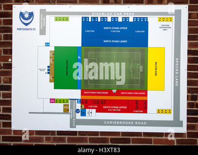 Schild mit dem Layout der Fratton Park, Heimat der Portsmouth Football Club, Portsmouth, Hampshire, England, UK Stockfoto