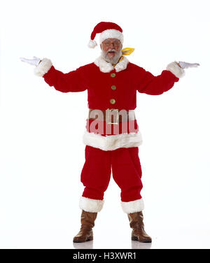 Santa Claus, Geste, Arme. verbreitet im Inneren, Studio, Freisteller, Brille, Bart, Lächeln, Santa, Mann, Halstuch, verschmitzt, geschickt, anbetend, Stockfoto