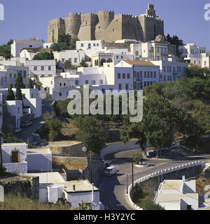 Griechenland, Patmos, Hora, lokale Ansicht, Kloster Moni Agio Ioannis, Dodekanes, Insel, Ägäis, Chora, Burg, Festung, Kreuzgang, byzantinischen, John es Kreuzgang, 11. Jhdt., 'Moni Agio Ioannis' Ort von Interesse Stockfoto