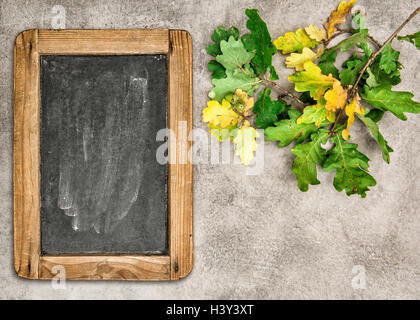 Herbst Hintergrund. Eichenlaub mit Vintage Tafel. Retro-Stil getönten Bild Stockfoto