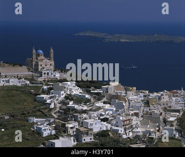 Griechenland, Kykladen, Insel Syros Ermoupolis Stadtübersicht, Meer, Ägäischen Meer, Inseln des Ägäischen Meeres, Kykladeninsel, Siros, Küste, Ermoupolis, Ermoupoli, Übersicht, Kathedrale Stockfoto