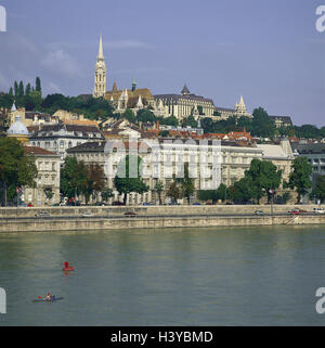 Ungarn, Budapest, Teil Stadt Buda, anzeigen, die Donau, Europa, Hauptstadt, Stadt, Fluss, Wasser, Blick auf die Stadt, Matthiaskirche, Kirche, draußen Teil Stockfoto