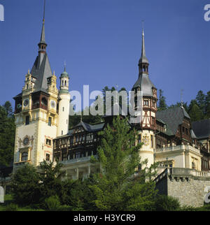 Rumänien, Nähe Brasov Peles Schloss Peles, Südosten, Europa, Transylvania, Transylvania, Burzenland, Ort, Holz, Gebäude, Struktur, Sommerresidenz, Baustil, Architektur, Neo-Renaissance, Kultur, Sehenswürdigkeit, Sommer, außerhalb Stockfoto