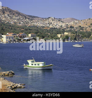 Griechenland, Insel Simi, Pedi, lokale Ansicht, Bucht, Strand, Stiefel, Dodekanes, Insel, Symi, die südlichen Sporaden, Inselgruppe, 12 Inseln, die Ägäis, Ägäis, Hafen Stockfoto