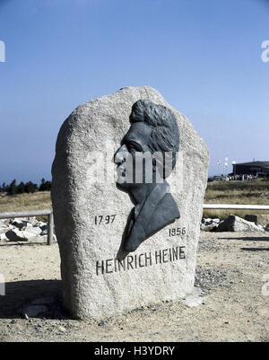 Deutschland, Sachsen-Anhalt, Harz, Klumpen, plateau, Stein tablet, Heinrich Heine vor hochrangigen Nationalpark Harz, Denkmal, Stein, Stein Klumpen, Speicher, mehr in deutscher Sprache näher, 1797-1856, Ort von Interesse Stockfoto