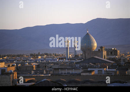 Iran, Shiraz, Stadt anzeigen, Shah Cheragh Mausoleum, im Nahen Osten, Osten, Front des Nahen Ostens, Provinz Fars, Landschaft, Stadt, Gebäude, Struktur, Kuppel, Minarett, Minarett, Kultur, Ort von Interesse Stockfoto