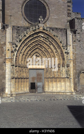 Spanien, Katalonien, Costa Brava, Castello de Ampurias, Kirche, Santa Maria, Portal, Detail, Europa, Südwesteuropa, Nordostspanien, Ort, Platz, Urlaubsort, Interesse, Struktur, Kirche, Heilige Bau, Eingabe, input Range, Kirchentür, Bogen Stockfoto