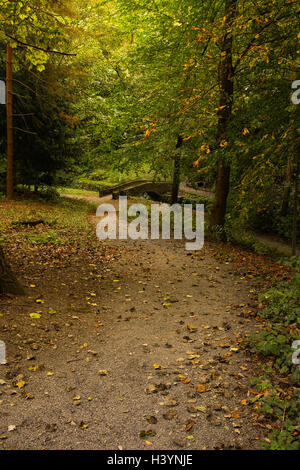 Wald Garten Weg zur Brücke über den Cyflymen stream und die Schriftart und Sommerhaus in die Gärten von Plas Newydd Llangollen Stockfoto