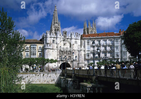 Spanien, Kastilien, Burgos, Stadt Ziel, Arco de Santa Maria, Dom, Detail, Türme Zentralspanien, Provinz Leon, Stadt, Blick auf die Stadt, Stadtmauer, Ziel, Ort von Interesse, Struktur, Catedral de Burgos, Türme, Gothic, Gotik, 13. -16. Jhdt., UNESCO-Welt-cu Stockfoto