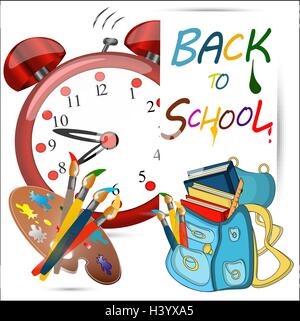 Zurück zu Schule Banner, Zeichen, große rote Wecker, Schultasche mit Pinsel und Farben, Studie Symbol. Stock Vektor