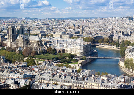 Luftaufnahme der Kathedrale Notre-Dame und Paris Dächer Stockfoto