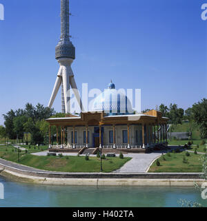 Usbekistan, Taschkent, Fernsehturm, Detail, Park, Gebäude, Asien, Zentralasien, Özbekiston Jumhuriyati, Stadt, Hauptstadt, Turm, sendende Turm, Sender, Stahlturm, 375 m hoch, baut in 1985, Park, Haus, Struktur, Säulen, Kuppel, Ort von Interesse Stockfoto