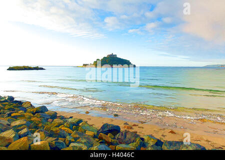 St. Michaels Mount Marazion Cornwall uk mittelalterlichen Schloss und Kirche auf einer Insel-illustration Stockfoto