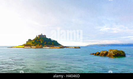 St. Michaels Mount Marazion Cornwall uk mittelalterlichen Schloss und Kirche auf einer Insel-illustration Stockfoto