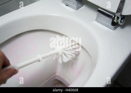 Eine Frau reinigt ein Bad-WC mit einer Scheuerbürste Stockfoto