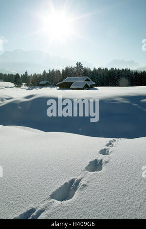 Rand der Wald, Holzhütte, tief verschneiten Schneeoberfläche, Spuren, Gegenlicht Hütte, Heu aus der Ferne, Ställen, Scheunen, Holz, Schnee, Saison, Neuschnee, Winter, wild Tracks, Schnee Spuren, Winterzauber, Winterlandschaft, Deutschland, Bayern, Oberbayern, nahe Klais Stockfoto