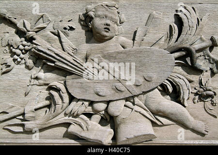 Deutschland, Oberbayern, Creme Schleien Haus, New Castle, Fassade, Detail, aus Holz schnitzen, Europa, Bayern, Schleien Haus, Gebäude, Struktur, Tür, Portal, Relief, Carving, Kunst, Ort von Interesse Stockfoto