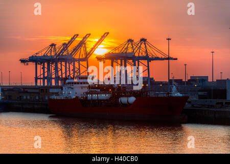 Schiff im Dock bei Sonnenuntergang in den Hafen von Zeebrugge in Belgien. Stockfoto