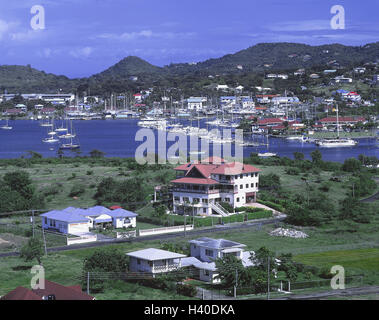 West-indischen Inseln, Saint Lucia, Rodney Bay, Blick auf die Stadt, Hafen, den kleinen Antillen, südlichen Inseln über dem Wind, Insel, Karibik, Häuser, Wohnhäuser, Yachthafen, Übersicht Stockfoto