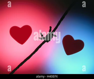 Herzen, Stacheldraht, noch Leben, Konzeption, Liebe, Gefühle, Schmerz, Abschied, Trennung, Trennung, Konflikt, Kampf, Schmerzen, Herz-Schmerz, Teilung, Zwietracht, Partnerschaft, Respekt, Bruch, Eifersucht, respektieren, Ende, Ehekrise, Affäre, Hindernis, Schranke, Unapp Stockfoto