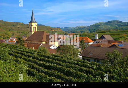 Deutschland, Baden-Wurttemberg, Imperial Stuhl, Oberrotweil, lokale Ansicht, Kirche, Weinberge Europas, Ort, Platz, Weindorf, Kirchturm, Weinbaugebiet, Weinbau, Weinbau, Anlage, Wein, Landwirtschaft, Wirtschaft Stockfoto