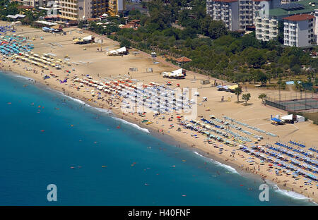 Türkei, Alanya, Kleopatra Strand, Badegäste, Übersicht, Süd-Ost, Europa, Mittelmeer-Küste, Mittelmeer, Strand, Sandstrand, Tourist, Baden, Sonnen, Sonnenbad, Ruhe, Erholung, Freizeit, Strandurlaub, Sommerurlaub, Reiseziel, h Stockfoto
