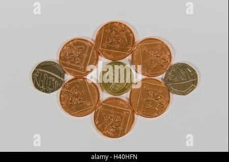 Nahaufnahme des Geldes - 3 Bezeichnungen der aktuellen UK Sterling Münzen aus Kupfer und Silber, mit 2p und 20p Stücke rund um 1 £. Stockfoto