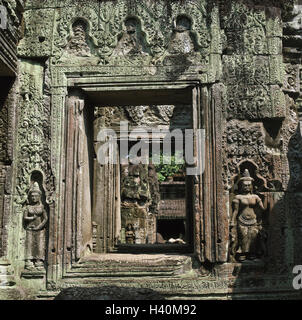 Kambodscha, Angkor, Banteay Kdei, Tempel, defensive Wand, Fenster, Reliefs, Süd-Ost-Asien, Tempelanlage, post-Angkorianische Periode, Struktur, Architektur, Kultur, Relief, Wandreliefs, Skulpturen, Gottes Figuren, Ort von Interesse Stockfoto