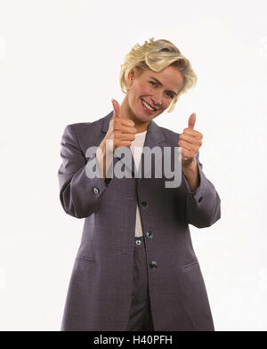 Frau, jung, Blond, Blazer, Geste, Okay, glücklich, Porträt, Frauen, ausgeschnitten, Studio, positiv, O.k., in Ordnung, Geschäftsfrau, Freude, Erfolg, Bangigkeit hoch, Stockfoto