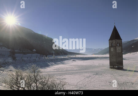 Italien, Südtirol, Vintschgauer Hochland, knackige See, iceboundly, Turm, abheben, Winter, Gegenlicht Vinschtgau, Zeit, Stausee, See, blockedly, ehemals Ort Graun, Alt-Graun, Herbst, Flut, 1949 - 1950, überflutet, überflutet, submergedly, senkt, re Stockfoto