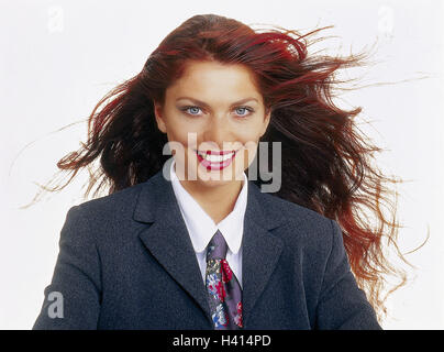 Geschäftsfrau, junge, langhaarige, Porträt, Berufe, Studio, Freisteller, Rothaarige, freundlich, Frau, Stockfoto
