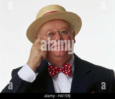 Senior, dick, Anzug, Strohhut, Griff Gläser, Lächeln, siehe, halbe, Senior, Portraitstudio, Freisteller, innen, Übergewicht, Fett, Lorgnette, Blick, visuelle Hilfe, Lächeln, glücklich, freundlich, in der Nähe, Stockfoto