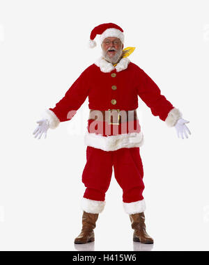 Santa Claus, Lächeln, Geste, Arme, zu verbreiten, innen, Studio, ausgeschnitten, Brille, Bart, Santa, Mann, Halstuch, Stand Stockfoto