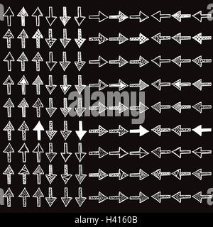 Satz von 108 Vektor Hand gezeichnet, doodled Pfeile. Ideal als Symbole oder Zeiger. Jeder Pfeil haben anderen Textur. Gruppierte, gebrauchsfertig Stock Vektor