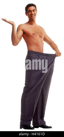 Mann, junge, oberen Teil des Körpers, frei, Schlankheit zu heilen, Hosen, Übergröße, Geste, Männer, innen, Studio, Freisteller, Gewichtsabnahme, Diät, abnehmen, Reduzierung der Ernährung, Körpergewicht, reduzieren, dick, dünn, schlank, Stockfoto