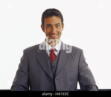 Manager, junge, Lächeln, halbe Porträt, Männer, Studio, Freisteller, Mann, Geschäftsmann, Anzug, Haare, brünett, fröhlich, freundlich, in der Nähe, Stockfoto