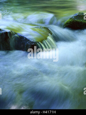 Wald, Bach, Detail, Langzeitbelichtung, Holz, Bach, Bergbach, Bergbach, Gewässer, Steinen, Felsen, Felsen, Wasser, Fluss, rein, sauber, frisch, kühl, Natur, Lebensraum, Ökologie, Asien, Japan, Aomori, Towada-Hachimandaira Nationalpark, Oirase g Stockfoto