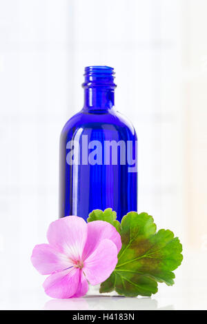 Wesentlichen Geraniumöl in Flasche und Blumen Stockfoto