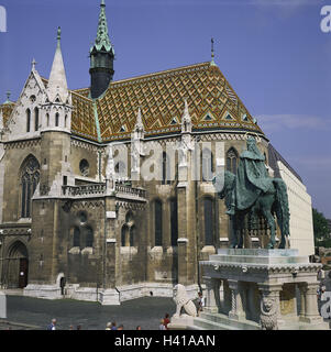 Ungarn, Budapest, Matthias Kirche, Detail, Reiterstandbild, Europa, Hauptstadt, Kirche, Matyas Templom, Pfarrkirche, Struktur, Architektur, Baustil, Ort von Interesse, Denkmal, draußen Stockfoto