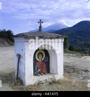 Griechenland, Athos, in der Nähe Karyes, Bildstock, Landschaft, Berg Athos, Hagion Oros, Ajion Oros, Chalkidike, Chalkidiki, Halbinsel, Mönchsrepublik, Betsäule, Hingabe Bild, Darstellung des Heiligen, Berge, bewölkter Himmel, außerhalb Stockfoto