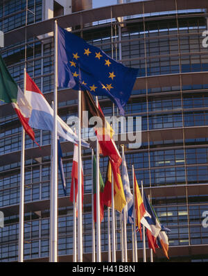 Frankreich, Straßburg, Europaparlament, Abgeordnetenkammer, Detail, Flaggen, Europa, Straßburg, Fahnen, verstorben, Schlag, Nationen, Wind, europäisch, europäische Flagge Europaflagge, Fahnenmasten, Architektur, Europäisches Parlament, Glasfront Stockfoto