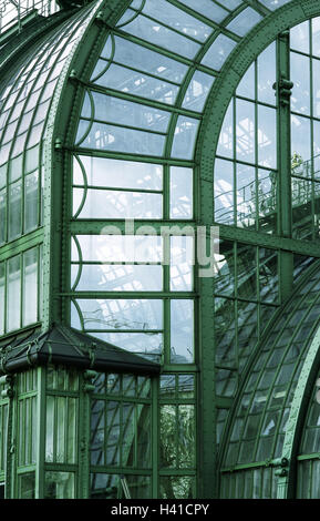 Österreich, Wien, Palme Haus, Detail, Glas, Stahl, Bau, Europa, Stadt, Hauptstadt, Weltstadt, Ort von Interesse, Architektur, Baustil, historisch, park, Parks, Architektur, Orangerie, das Schmetterlingshaus, Jugendstil, Rundbogen, Stockfoto