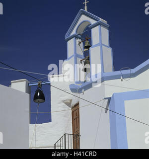 Griechenland, Insel Simi, Pedi, Kirche, Detail, Glockenturm, Dodekanes, Insel Symi, der südlichen Sporaden, Inselgruppe, 12 Inseln, das Ägäische Meer, Ägäis, architektonischen Stil, in der Regel in Griechisch, blau-weiß, 'Megali Panagia', orthodox, außen Stockfoto