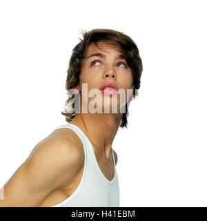 Mann, junge, Portraitstudio, ganz in der Nähe, anzeigen, schneiden Outs, Jugendliche, Teenager, dunkelhaarige, ernst, beobachten, Beobachtung, vorsichtig, neugierig, Blick nach oben Stockfoto