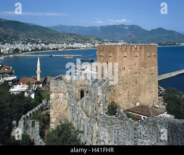 Türkei, Alanya, Blick auf die Stadt, roter Turm, Hafen, Europa, Südküste, Turm, Kizil Kule, Bau eines Turms Pfeilerpaare, Bauwerke in 1224-28, Kultur, Ort von Interesse, Küste, Küstenlandschaft, Meer, außerhalb Stockfoto