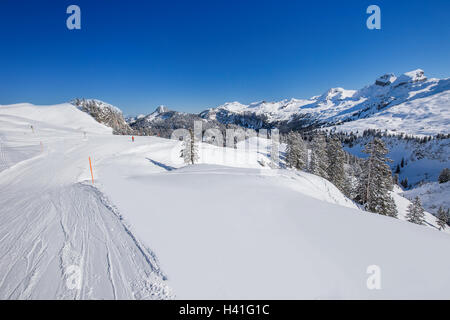 Blick Ti Skifahrer auf der Piste und Schweizer Alpen fallenden frischen Neuschnee, gesehen vom Skigebiet Hoch-Ybrig, Zentralschweiz Stockfoto