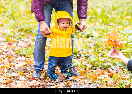 Vater und Sohn zu Fuß. Baby, die ersten Schritte mit Hilfe des Vaters im Herbst Garten in der Stadt Stockfoto