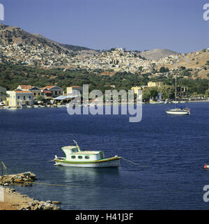 Griechenland, Insel Simi, Pedi, lokale Ansicht, Bucht, Strand, Stiefel, Dodekanes, Insel, Symi, die südlichen Sporaden, Inselgruppe, 12 Inseln, die Ägäis, Ägäis, Hafen, draußen Stockfoto