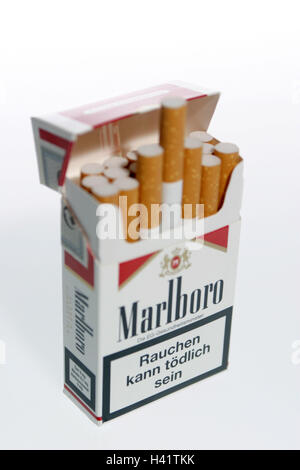 Cigarette box offen, EU-Warnung Tipp Zigaretten, Filtertip Zigaretten, Box, Zigarettenschachtel, Mark, Zigarette Mark, Produzent, Marlboro, Zigaretten-Warnung Tipp, Tipp Warnung, Warnung, Zigarette Label, Label, print, erfrischend, EU-Verordnung, Bestellung, Pflicht, Stockfoto